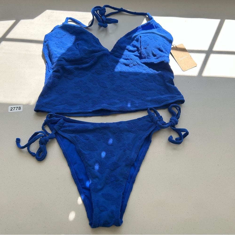 Samiol Large Blue Tropical Floral Terry Tankini Swimsuit New